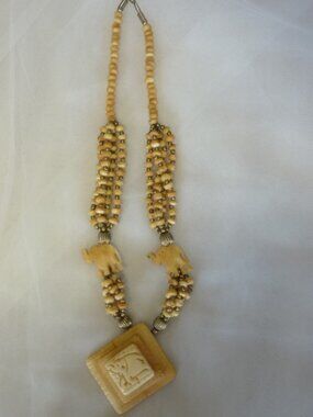 Vintage Tribal Carved Bovine Bone Elephant Silver Beads 21" Long Multi Necklace